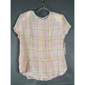 Tess Blouse Women 12 Pink Plaid 100% Silk Short Sleeve Button Back Vintage NWT
